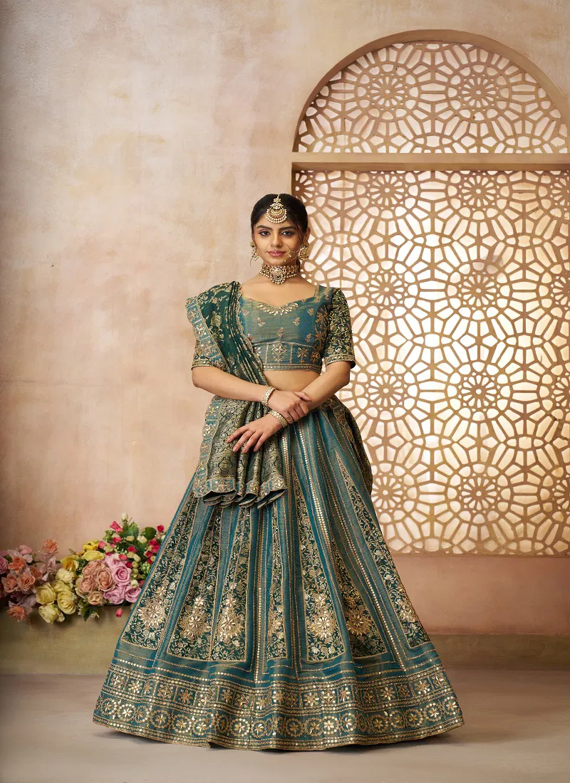 Kf 61 Green Net And Tissue Bridal Lehenga Wholesale Price In Surat

